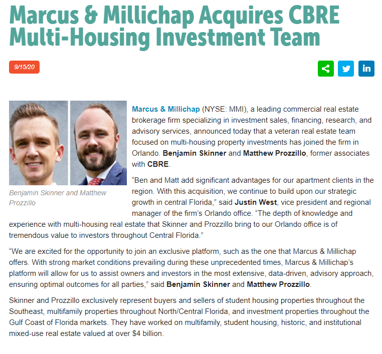 Marcus &amp; Millichap Acquire Ben Skinner &amp; Matt Prozzillo, under the newly formed SP Multifamily Group Brand
