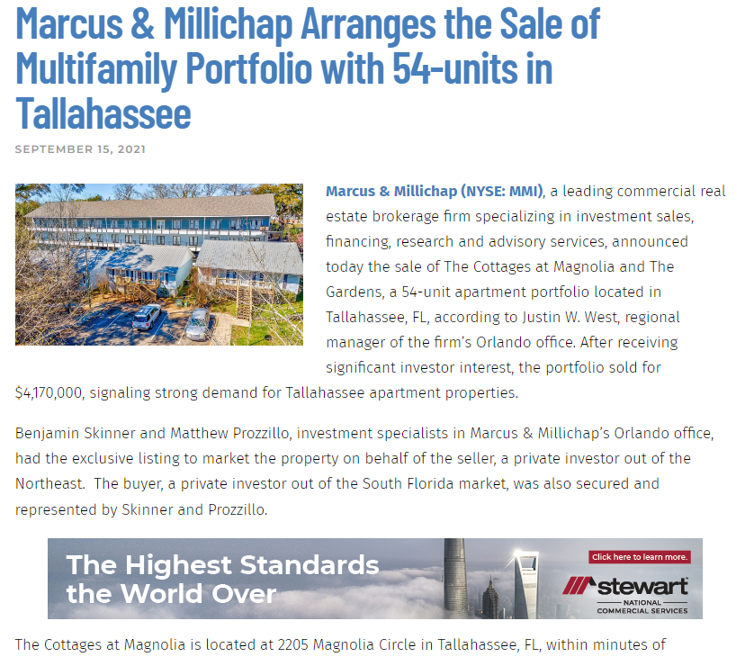 SP Multifamily Group of Marcus Millichap Florida, announces the sale of The Gardens and The Cottages at Magnolia, a value-add multifamily property located in Tallahassee, FL
