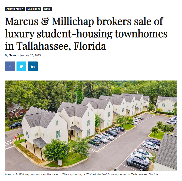 SP Multifamily Group of Marcus Millichap Florida, announces the sale of The Highlands Luxury Student Apartments