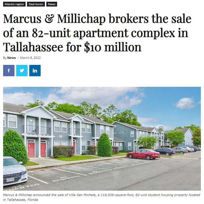 SP Multifamily Group of Marcus Millichap Florida, announces the sale of Villa San Michele Student Apartments