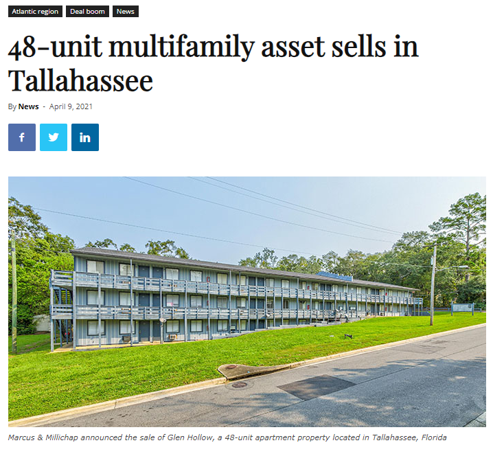 SP Multifamily Group of Marcus Millichap Florida, announces the sale of Glen Hollow Apartments, a value-add multifamily property located in Tallahassee, FL