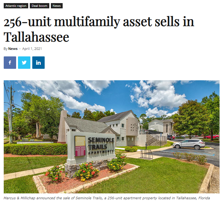 SP Multifamily Group of Marcus Millichap Florida, announces the sale of Seminole Trails Student Apartments, a 256-unit multifamily property located in Tallahassee, FL