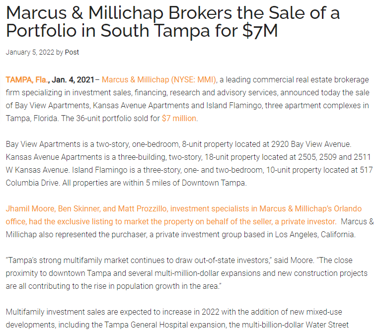 SP Multifamily Group of Marcus Millichap Sells the South Tampa Portfolio, a portfolio of Multifamily Apartment properties in South Tampa and Davis Island in Tampa, Florida