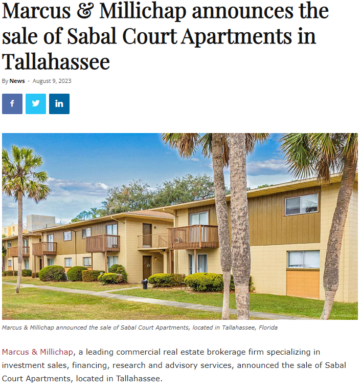 SP Multifamily Group Announces the sale of Sabal Court Apartments in Tallahassee, FL