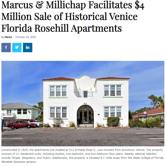 SP Multifamily Group of Marcus &amp; Millichap Closes on the sale of Rosehill Apartments in Venice, Florida