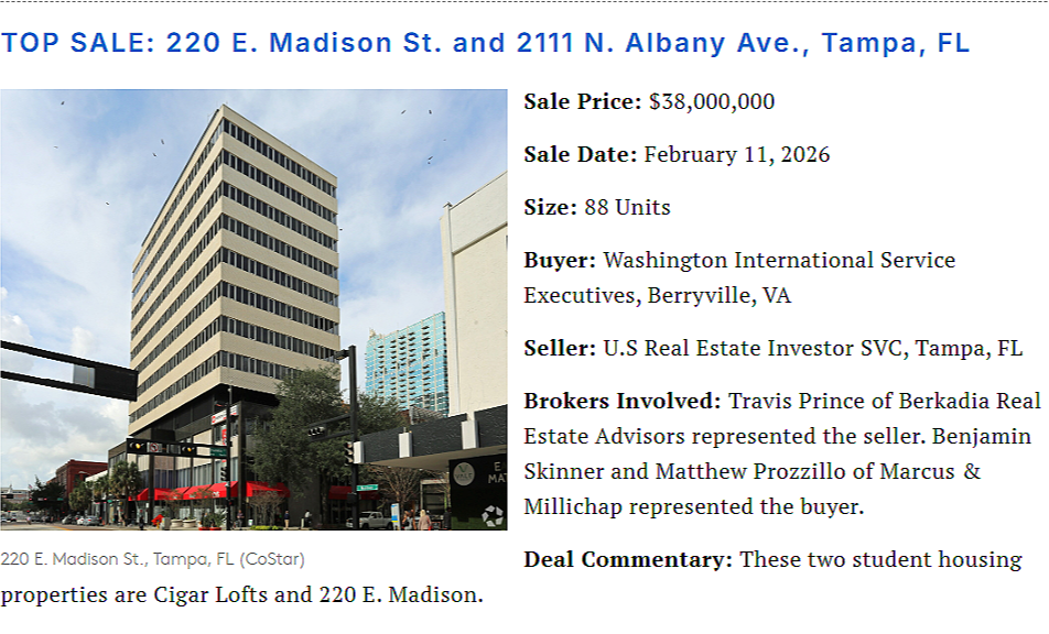 220 Madison Top Sale PowerBroker Ben Skinner Matthew Prozzillo SP Multifamily Group Tampa Florida Multifamily Student Housing