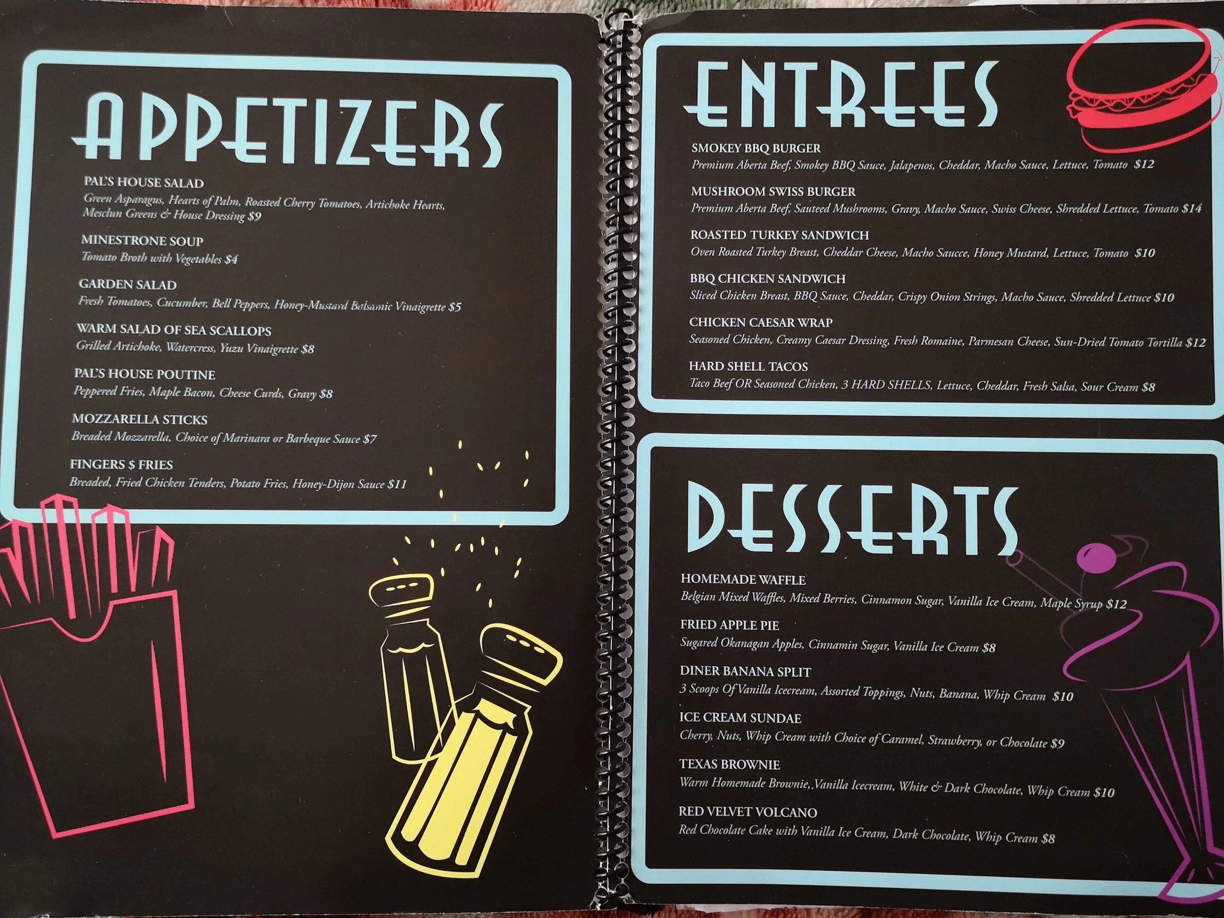 inside of menu for Pal's Diner
