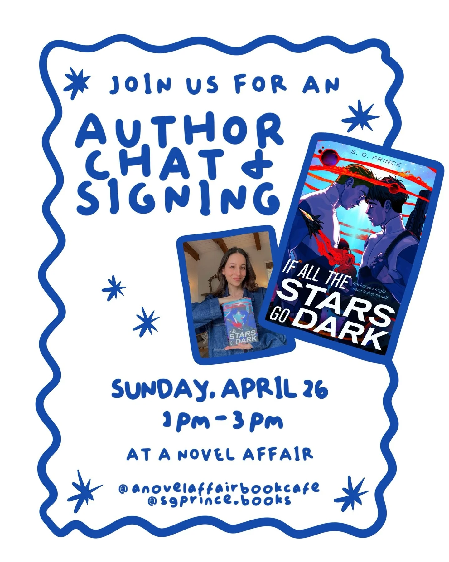 Upcoming event! I&rsquo;ll be at @anovelaffairbookcafe this Sunday, April 26 in Los Altos from 1-3 p.m. to talk about If All the Stars Go Dark! Open to the public and everyone is welcome, can&rsquo;t wait to see you there ˶ᵔ ᵕ ᵔ˶