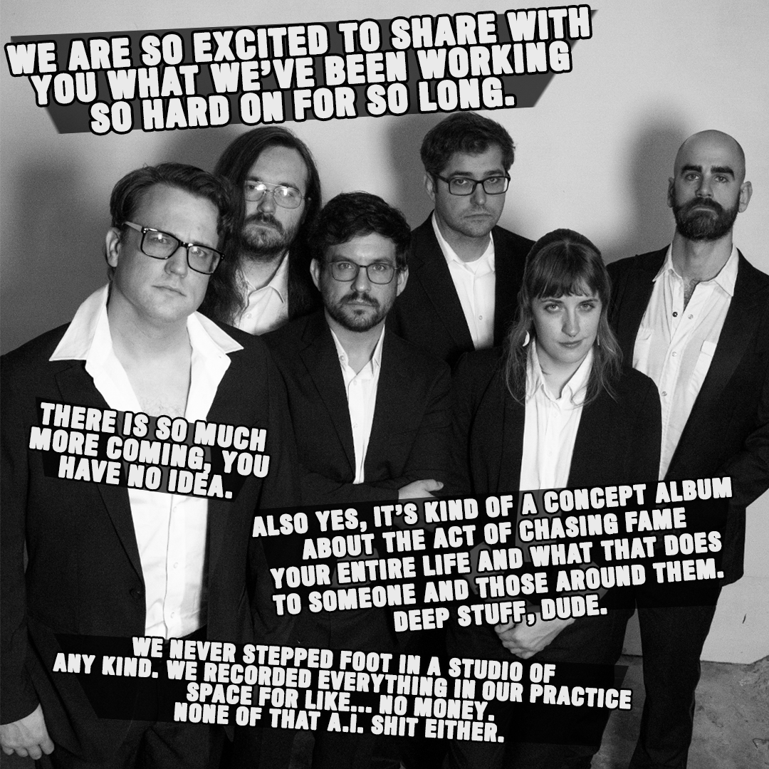 A picture of the band that has texting explaiing the band is excited to release new music and that more cool stuff is happening. For real tho. It's gonna be sick.