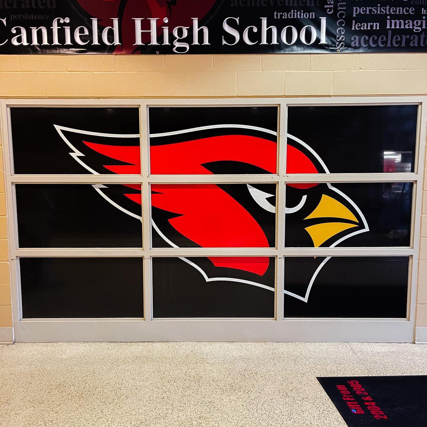 Interior perforated window graphics installed at Canfield High School today. Best of luck to all the Cardinal students headed back to school tomorrow! 🏫 #gocards