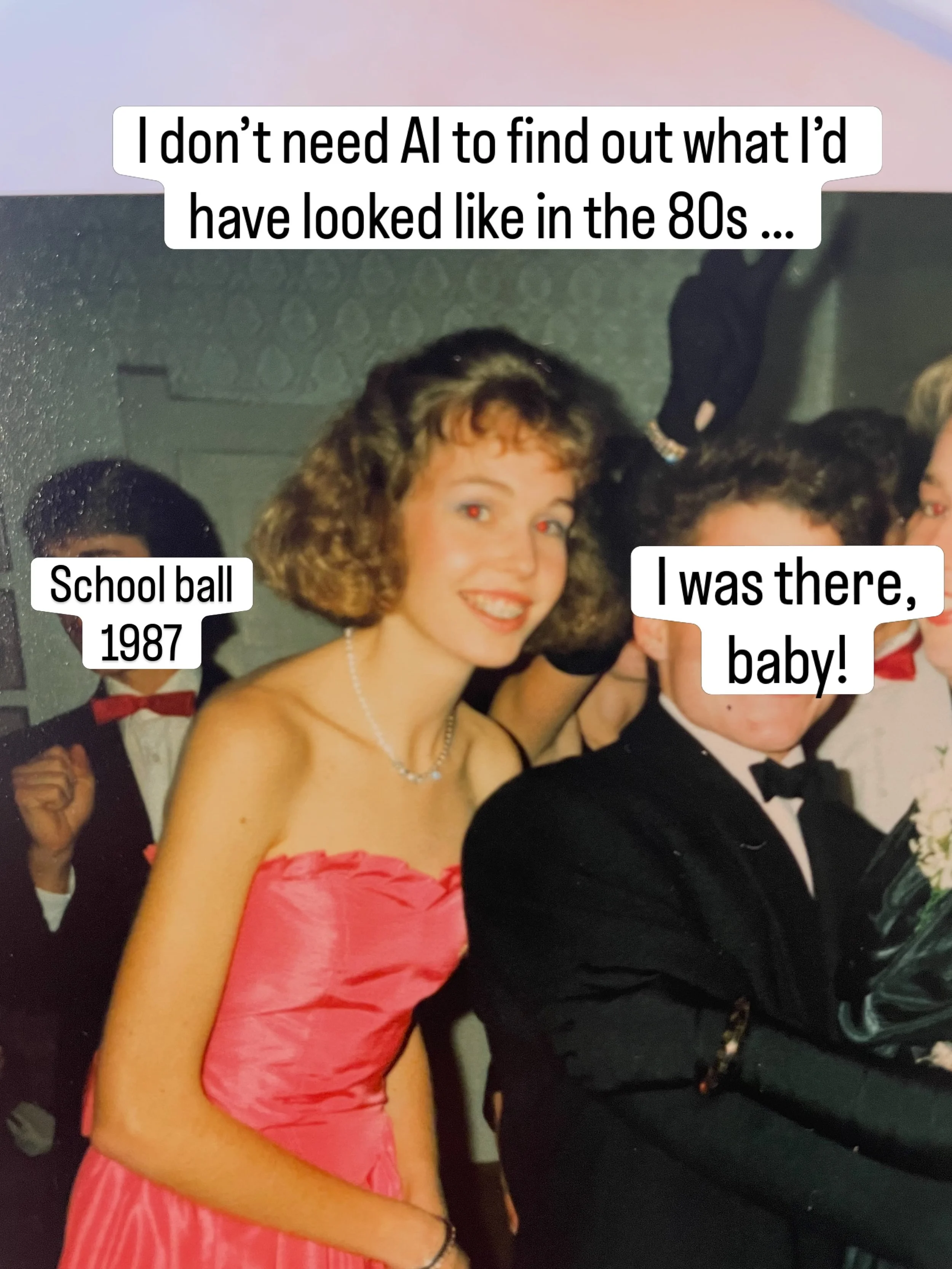 No AI prompt needed here! Just an old-fashioned photo from an old-fashioned photo album with metal-mouthed me with a perm and an unknown future ahead where AI is something from a sci-fi movie #80s #futureauthor