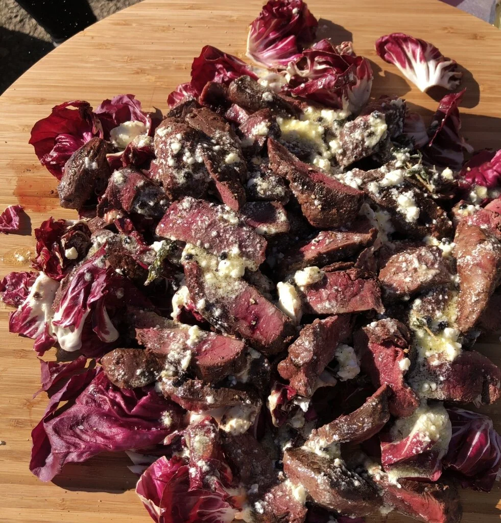  Seared duck breasts with balsamic, radicchio and goats cheese 