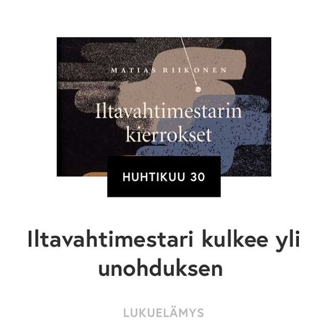 Kirjailija Matias Riikonen on kirjoittanut illanh&auml;myisest&auml; Helsingist&auml; unohtumattoman kauniisti.

Kaksiosaiseksi tulevan sarjan ensimm&auml;inen osa Iltavahtimestarin kierrokset on mieleen j&auml;&auml;v&auml;&auml; luettavaa my&ouml;s