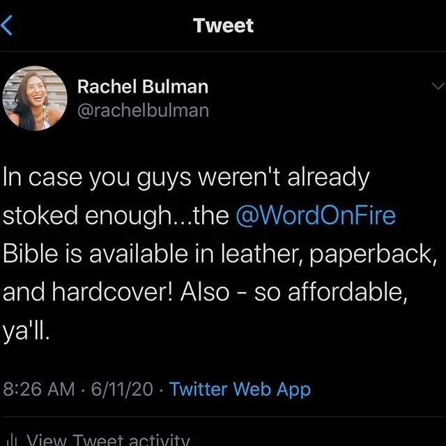 Posted over on the Twitter earlier and thought you might want to know here too!! There&rsquo;s even an Evangelization Pack...one Bible for you and three for your friends. 
Guys...I&rsquo;m sure you&rsquo;re like, &ldquo;Rachel, I have a thousand Bibl