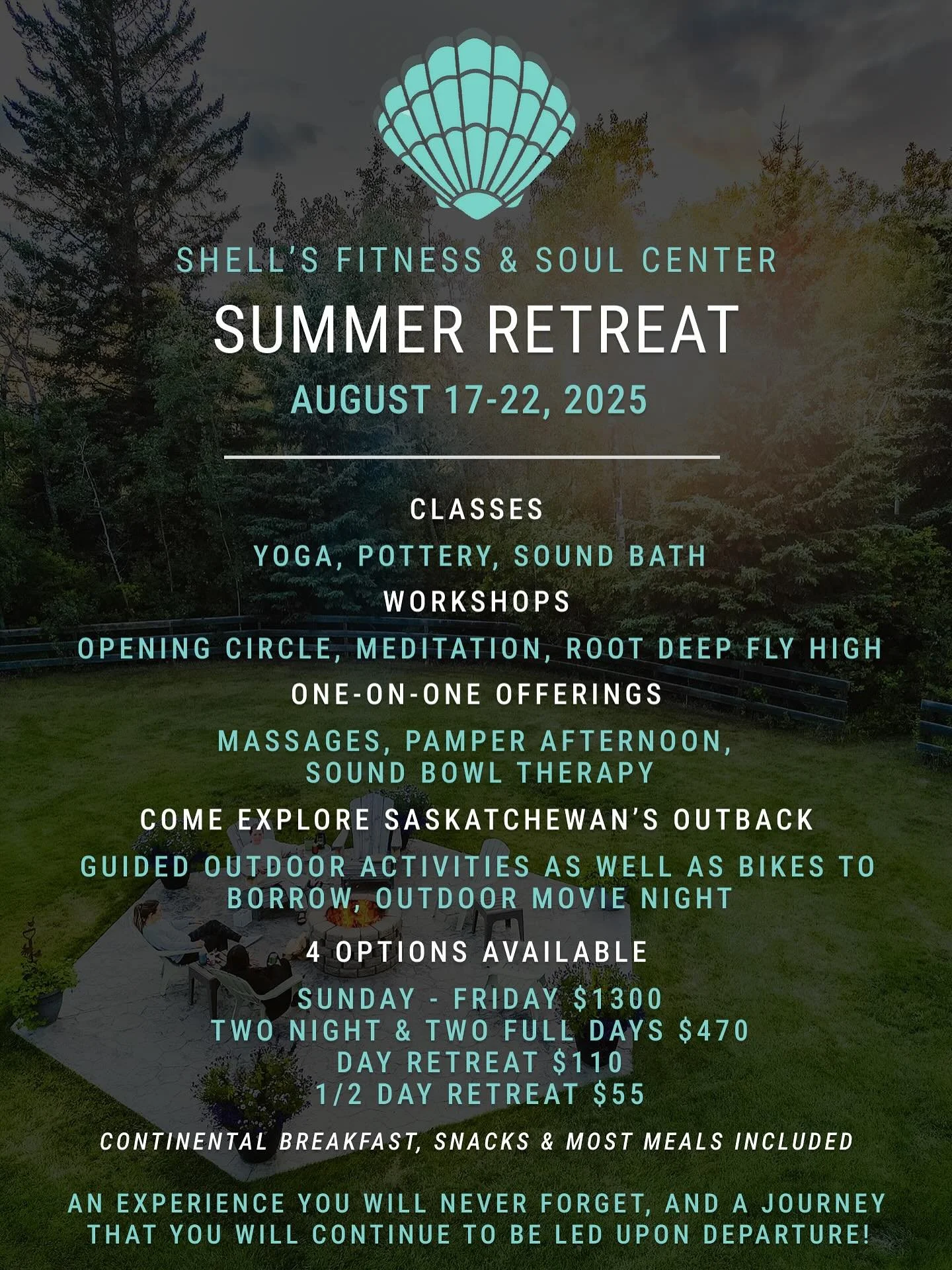 August is here which means our Annual Summer Retreat is just about here !!!

SUNDAY-FRIDAY August 17-22 Noon-Noon
One Spot left for the week, join for a night or two, Full Day or 1/2 Day

Here is our Schedule with our Amazing Presenters
SUNDAY openin