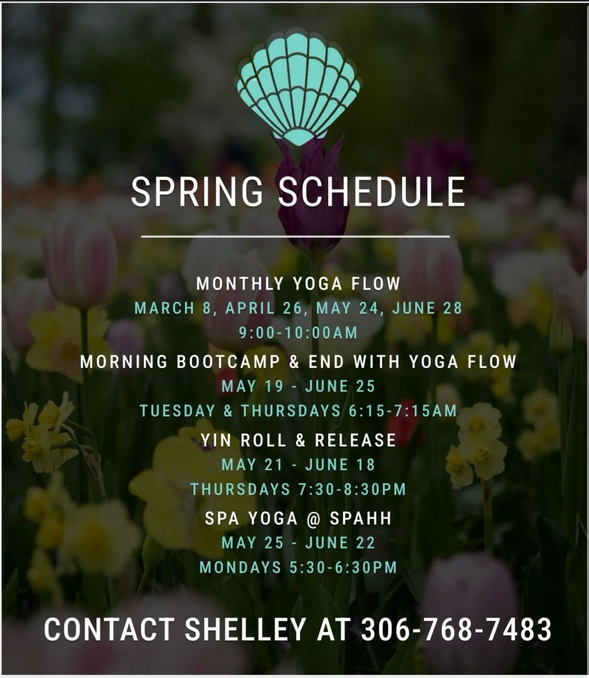 🌸 Spring Schedule 🌸

Monthly Yoga Flow
April 26;May 24;June 28
Sunday 9:00AM - 10:00 AM

Morning BootCamp &amp; End with Yoga Flow 
MAY 19-JUNE 25
TUES &amp; THURS 6:15AM-7:15AM

Yin Roll &amp; Release
MAY 21-JUNE 18
NO CLASS JUNE 4
THURSDAY | 7:30
