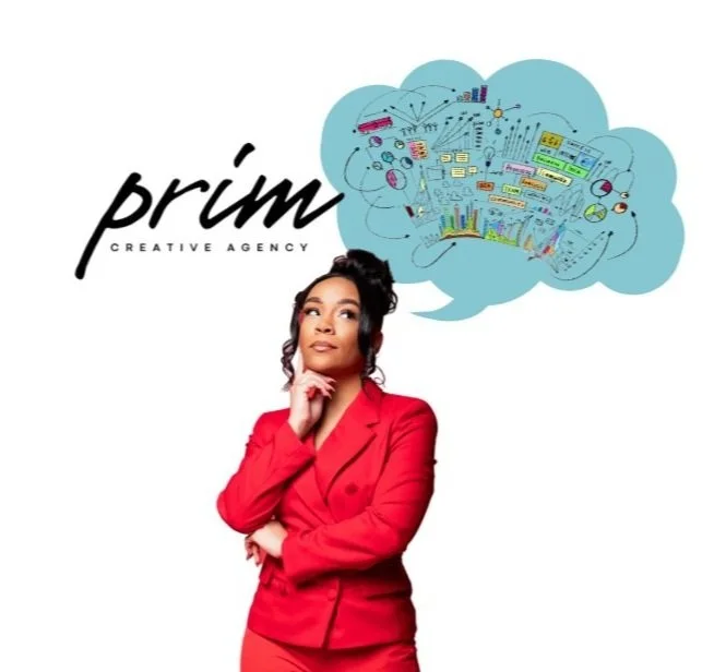 Woman in red suit with thought bubble of creative ideas, next to "Prim Creative Agency" logo. Prim Creative Agency leads with bold creative direction—bringing visionary concepts to life through brand strategy, visual storytelling.
