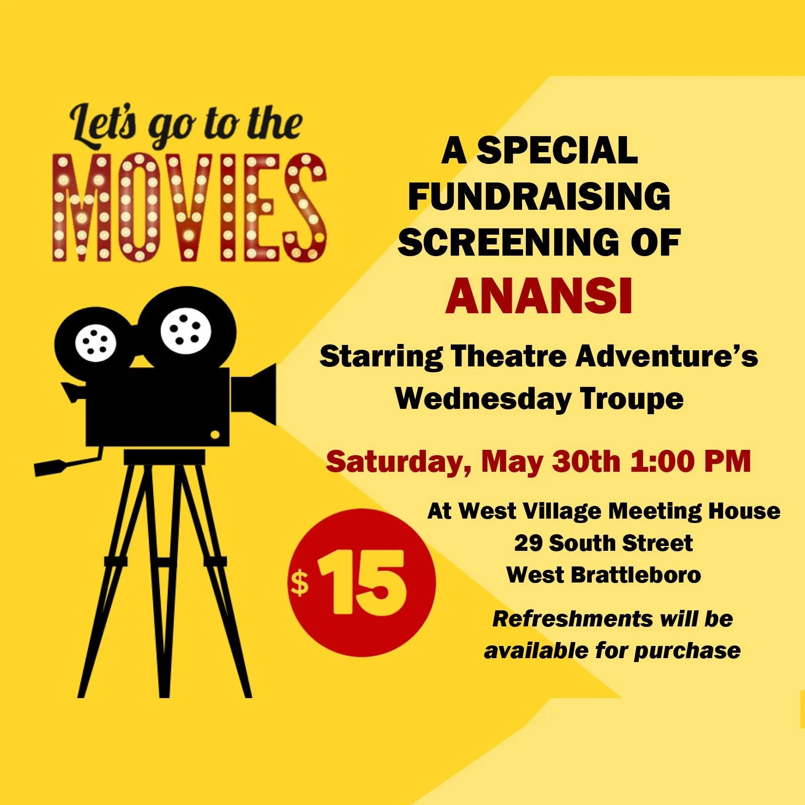 It's not too late to watch the Wednesday Troupe&rsquo;s production, Anansi!

Come to our movie matinee live screening of the Anansi performance on May 30th at 1 pm. In person at the West Village Meeting House, 29 South Street, Brattleboro.
The Travel