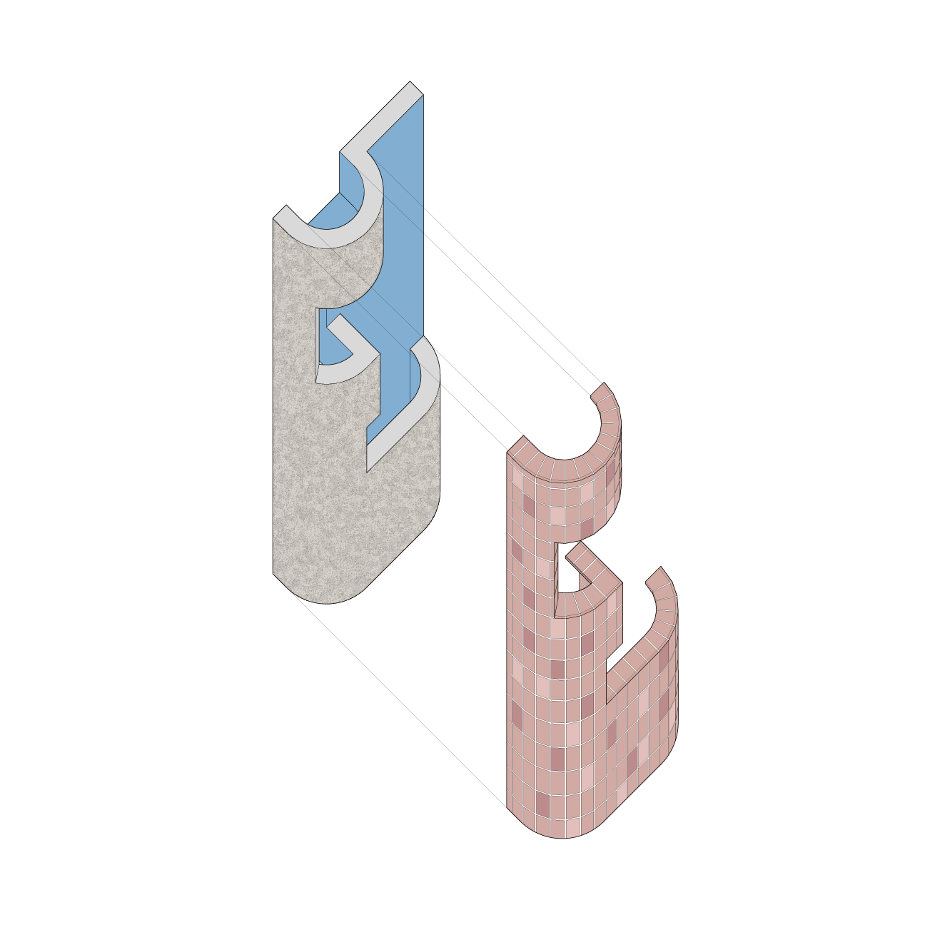 exploded axonometric of terracotta tiles