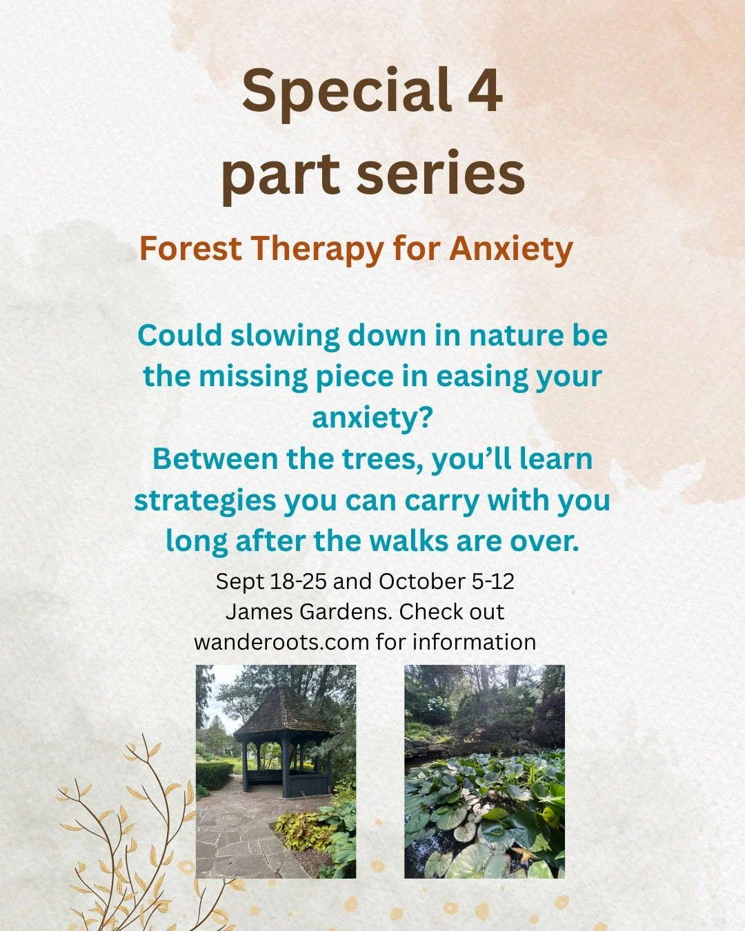 🌿 Forest Therapy for Anxiety 🌿

Join me at James Gardens in Toronto for a 1.5-hour guided forest therapy walk, complete with a calming tea ceremony. 🌱✨

During our time together, I&rsquo;ll share simple, practical tools to help you manage anxiety&