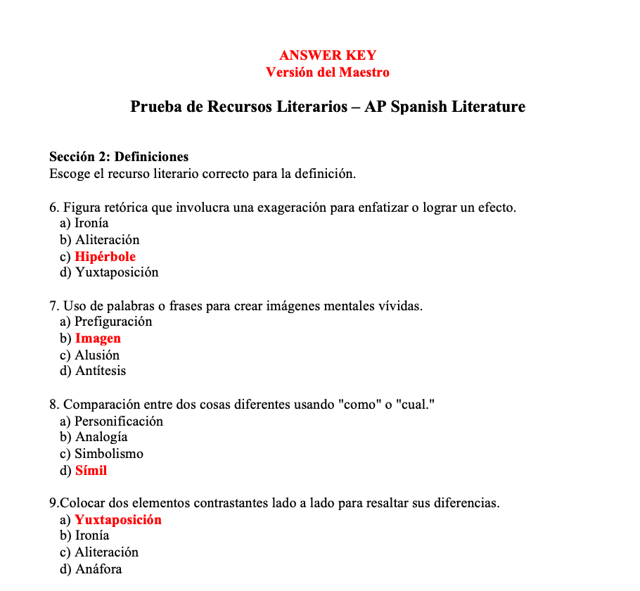 Quiz de recursos literarios para AP Spanish Literature / Literary devices  quiz