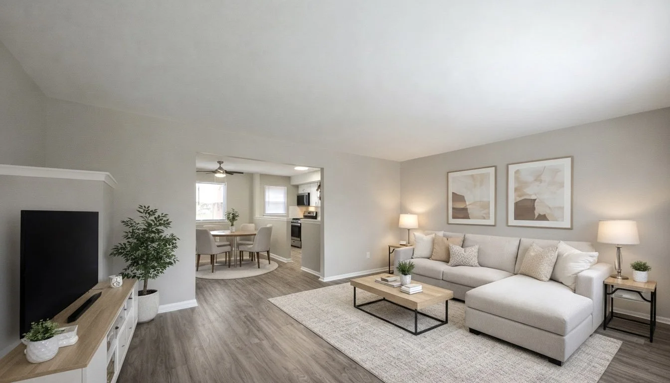 bright and spacious living room leading into a dining area and kitchen, cozy furniture