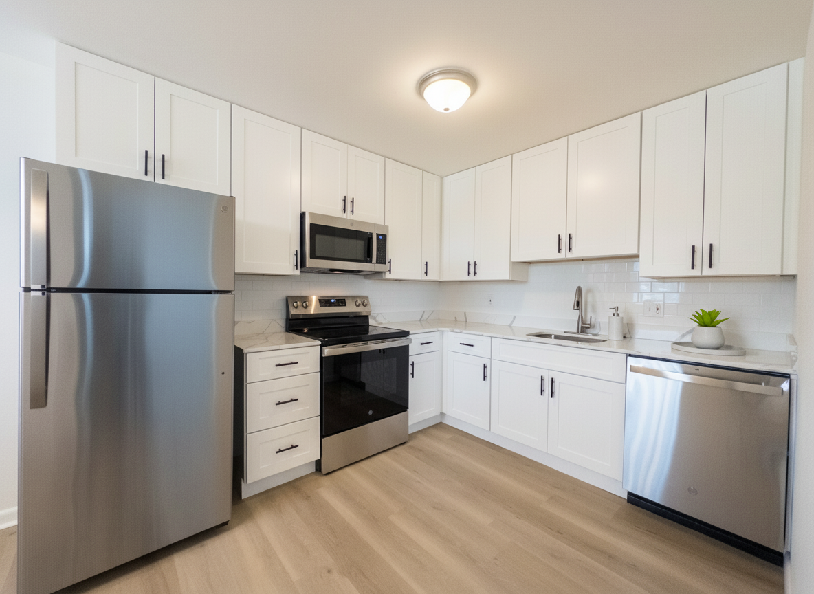 beautiful and bright modern kitchen with stainless steel appliances including a microwave and dishwasher