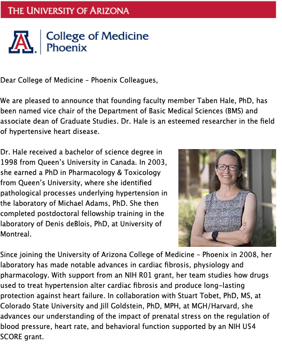 Taben Hale, PhD, Named Vice Chair of Basic Medical Sciences and 