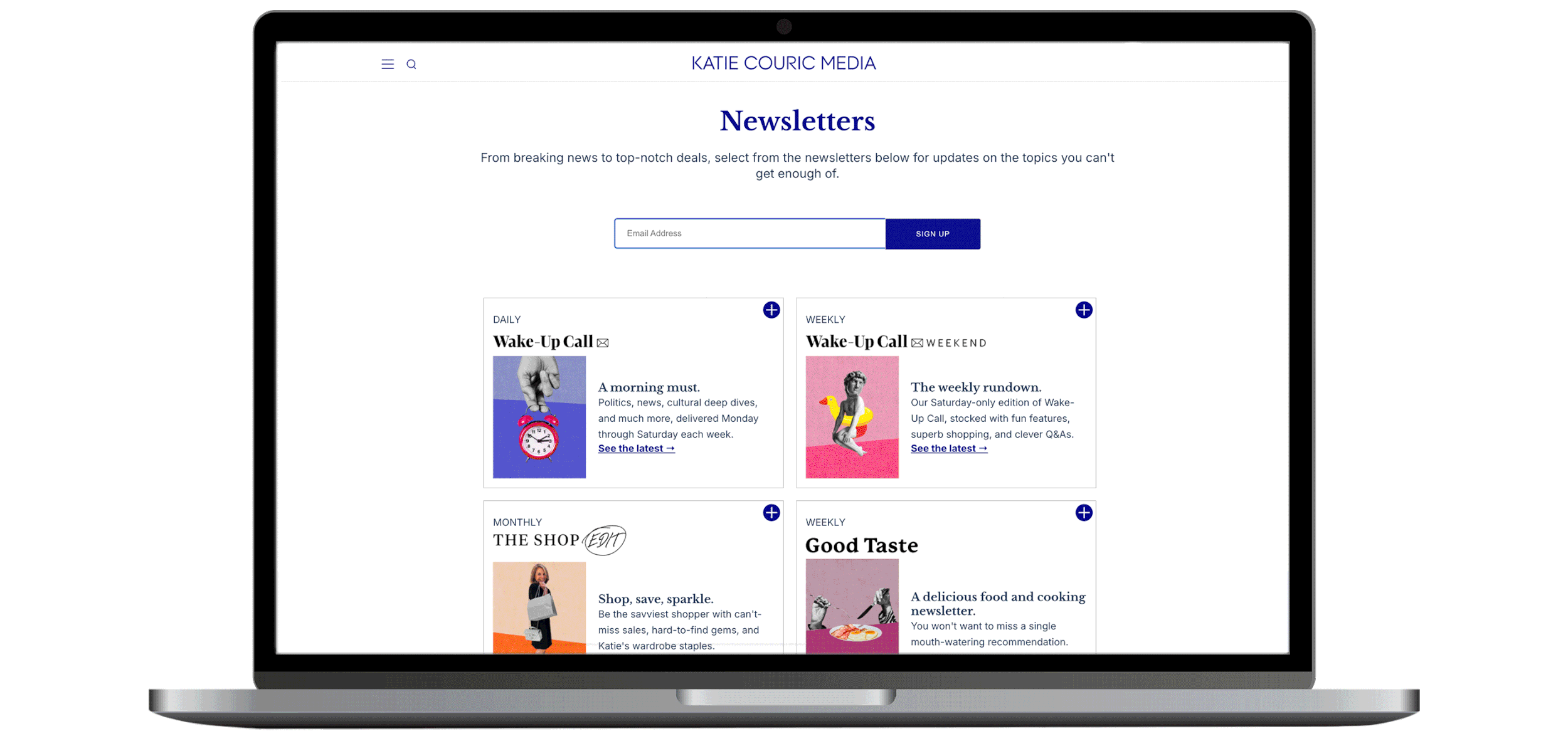 Redesigned the layout and user flow of the article pages on katiecouric.com . Created an editorial audience experience by increasing the image size, building an organized side module, filling white space, designing a newsletter sign-up banner, and