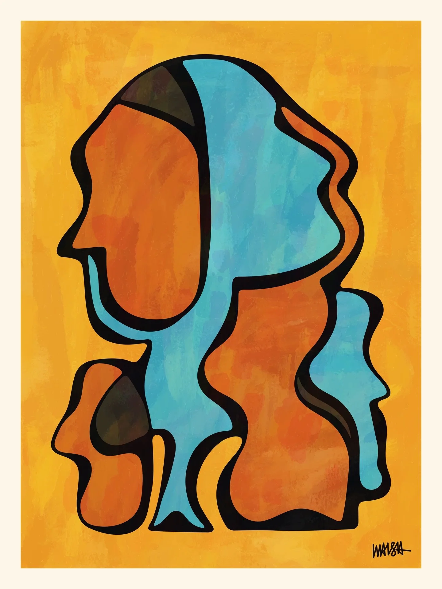 Twin Flames 🔥💧
2026
Marker on Sketch Paper
18x24&rdquo; - Digitally Rendered to 24x32&rdquo;

Process:
I sketched and colored abstract faces and shapes on 50lb sketch paper, photographed them, and redrew them in @adobe Illustrator using a @wacom In