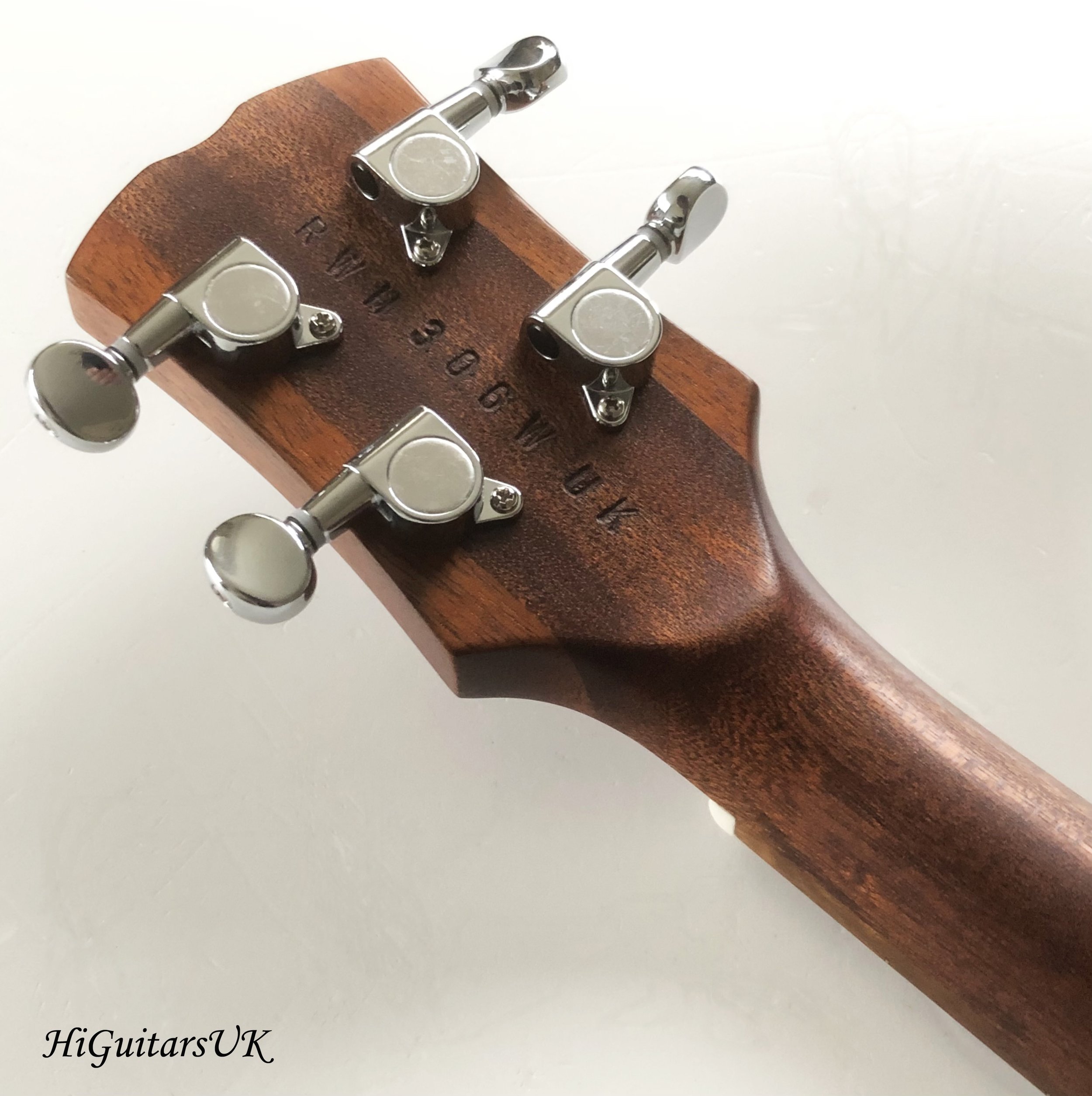 Dirty Apricot Raindrop Electric Baritone Uke Headstock Rear