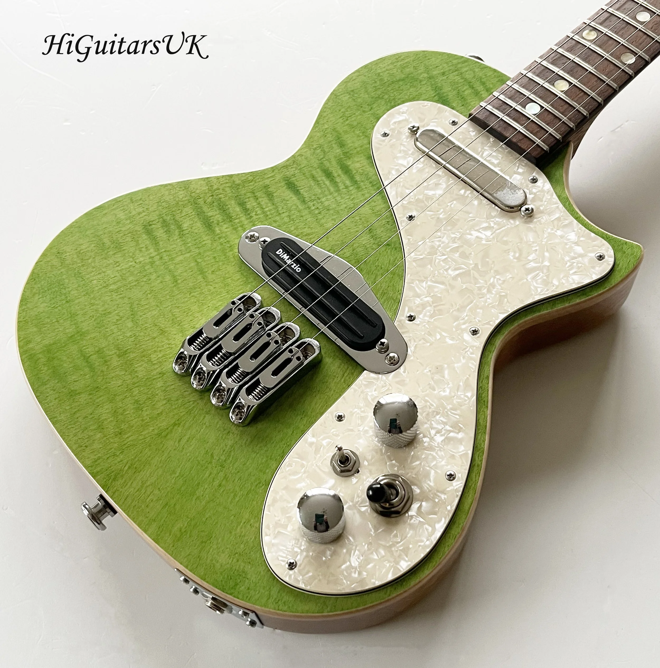 Green Flamed Maple Tenor Solid Body Electric Uke Front