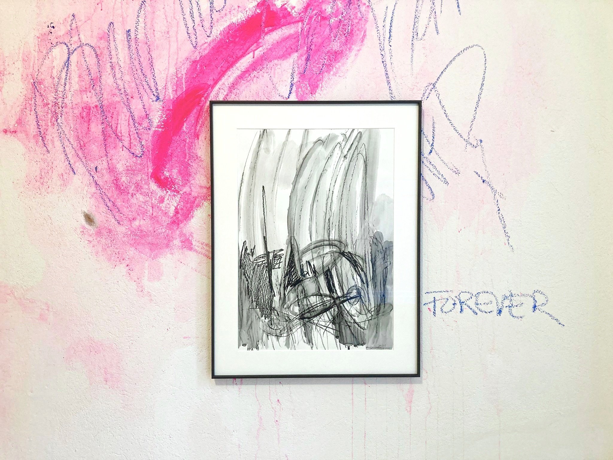 Site specific piece / mural: BLUE 2022. Piece in frame: Crowding My DarknessS , 2021. Solo exhibition at gallery Aloïse, Basel, Switzerland 2022.