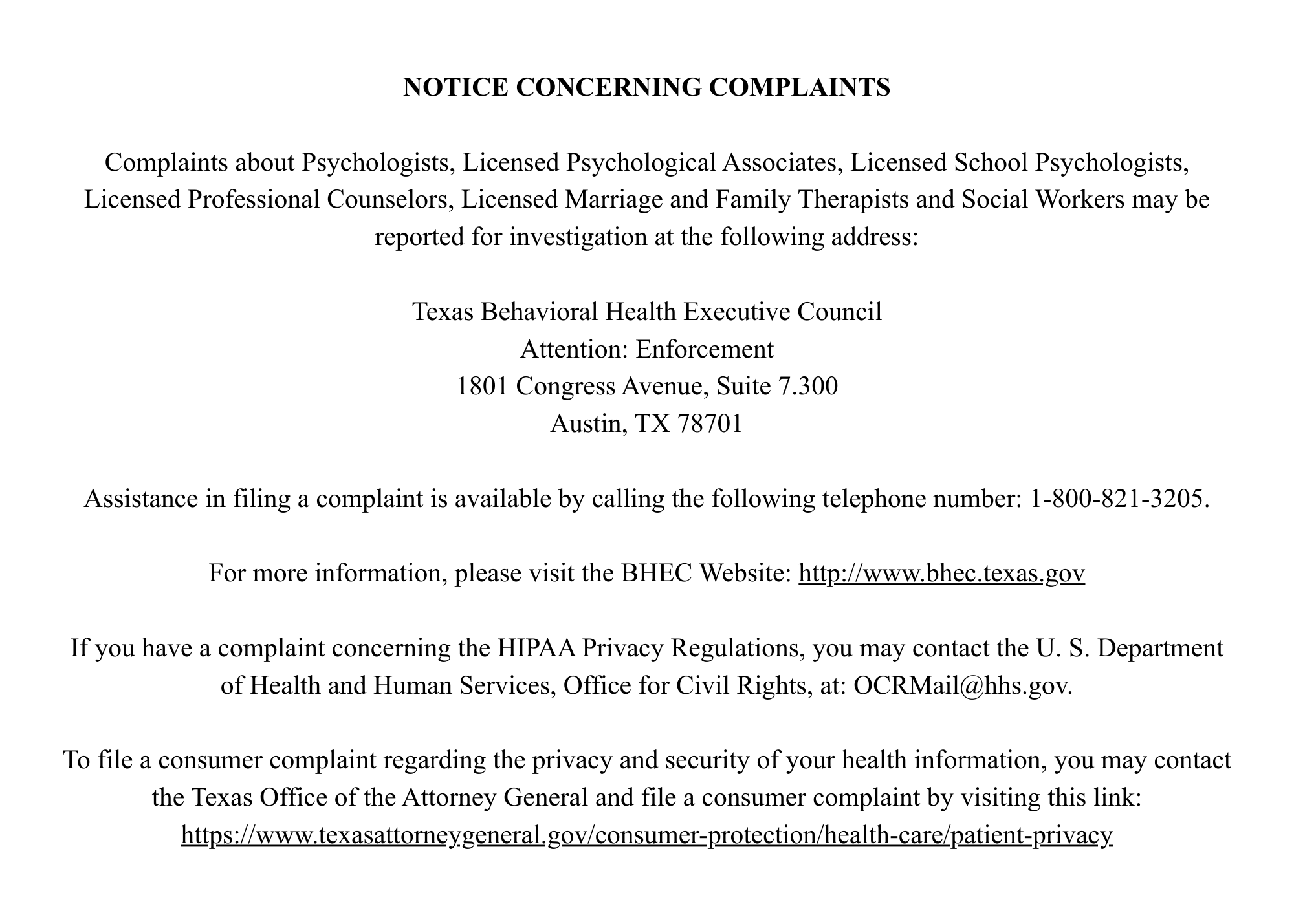 Notice describing the process for filing a complaint