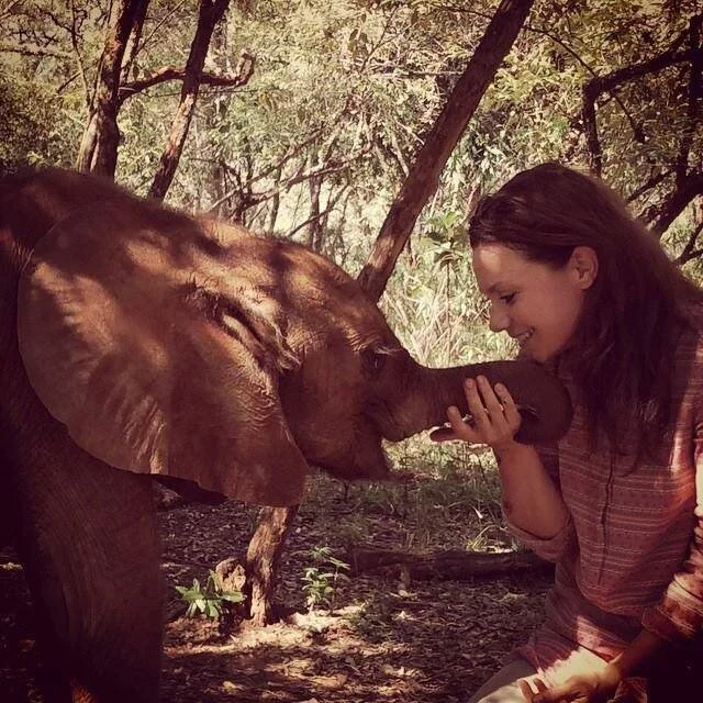 January Thompson with an Orphaned Elephant in Nairobi at the David Sheldrick Wildlife Trust.