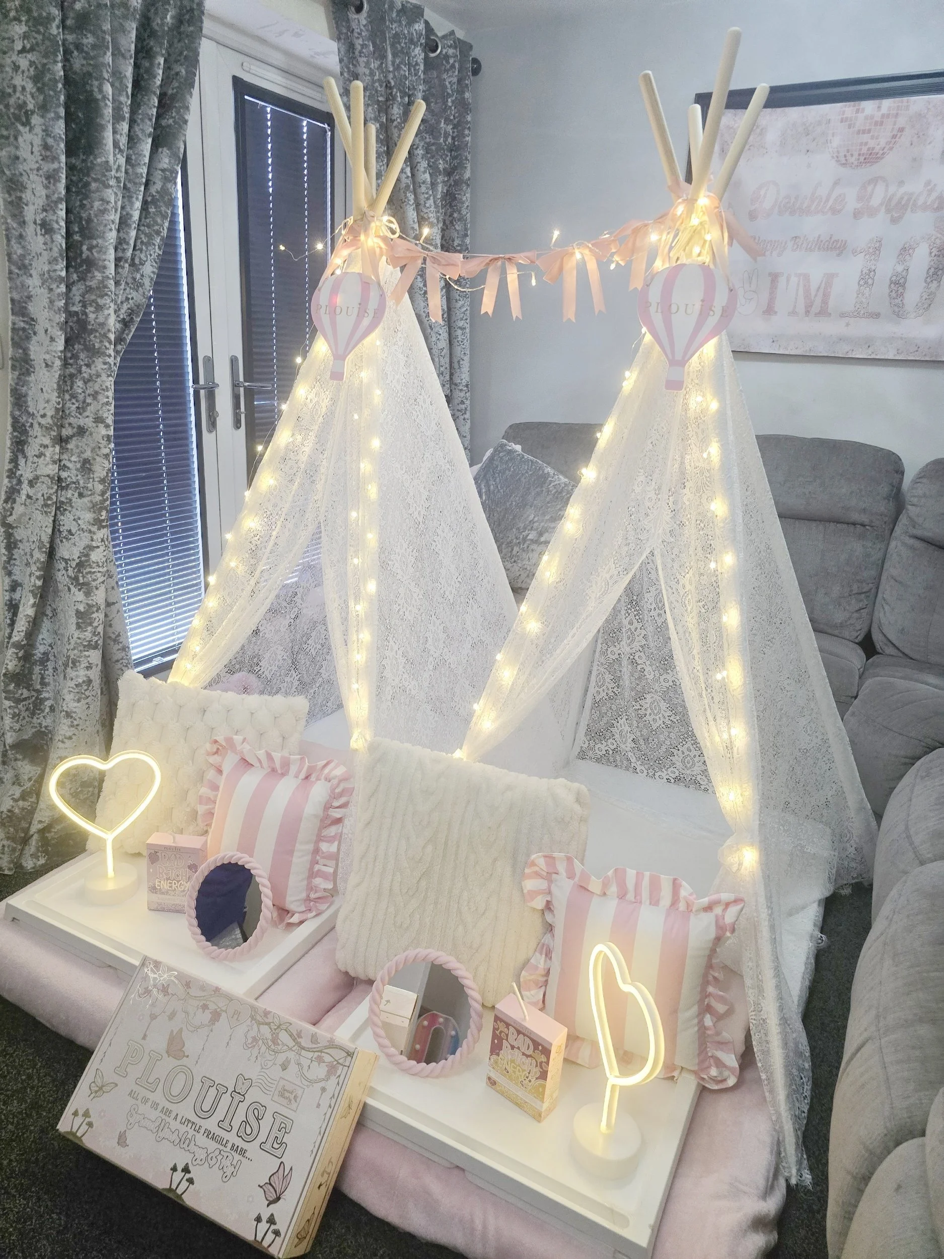 Luxury teepee sleepover party in Keighley with fairy lights and pillows