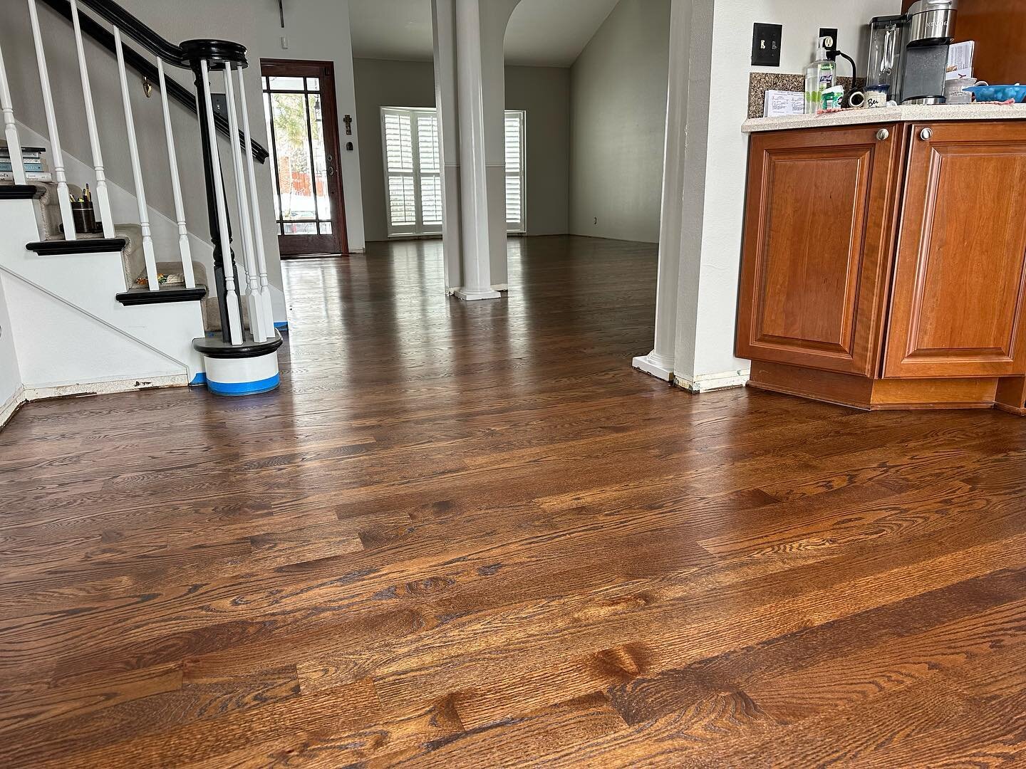 Beautiful traditional wood flooring. 3 1/4 inch red oak with spice brown stain. Top coated with a low VOC waterborne polyurethane.