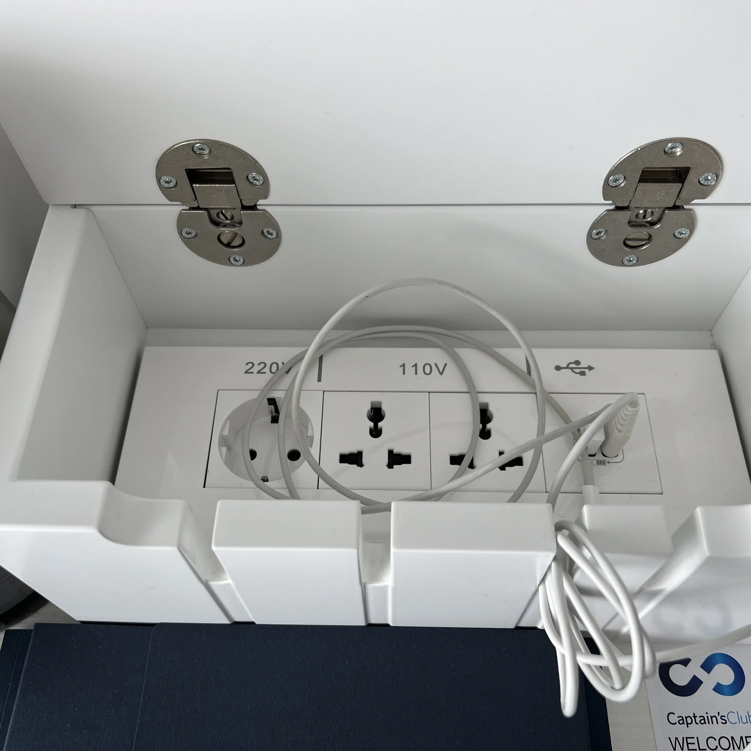 A small white lidded box that contains one 220V outlet, two 110V outlets, and two USB outlets.
