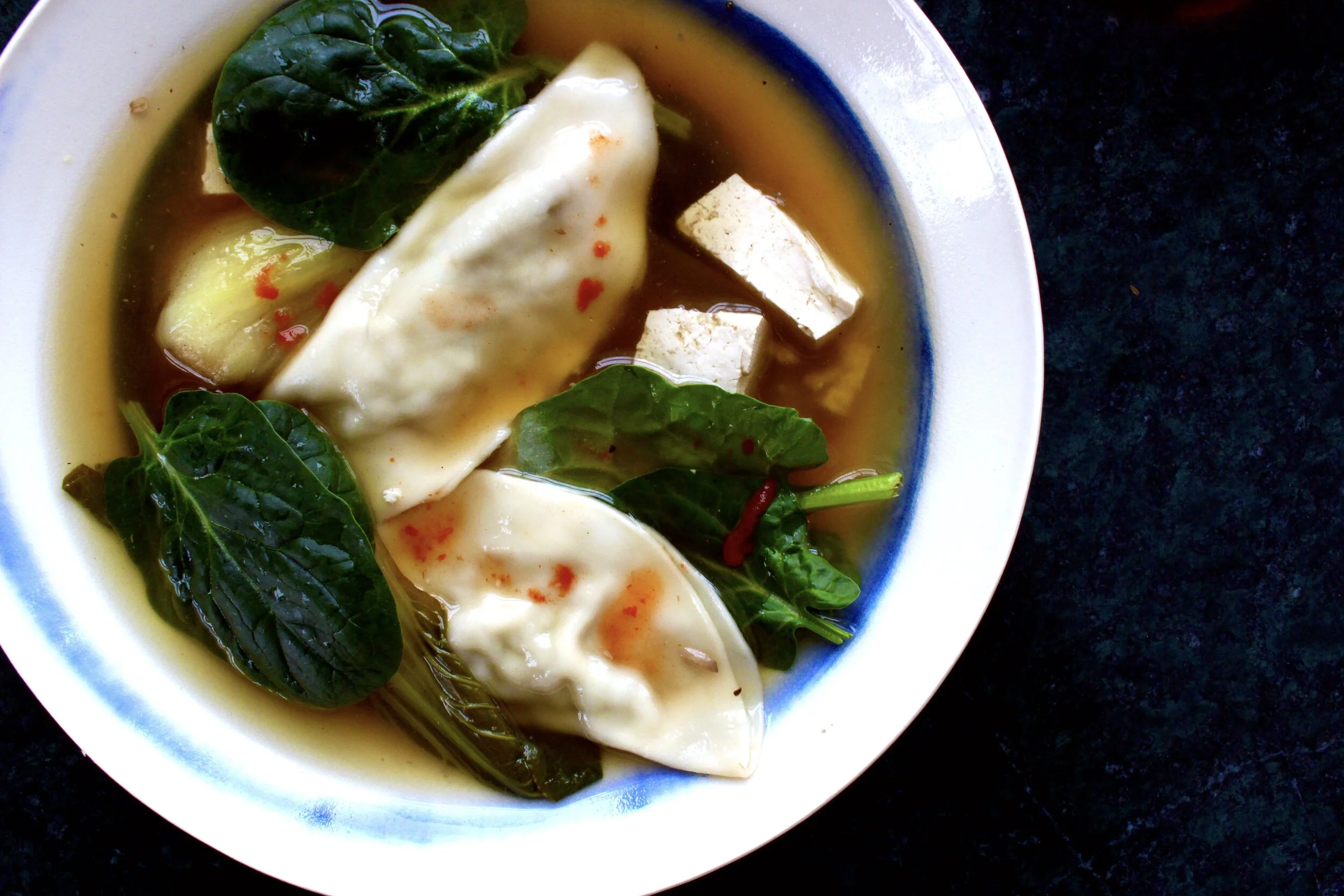 Mushroom Dumpling Soup with Greens