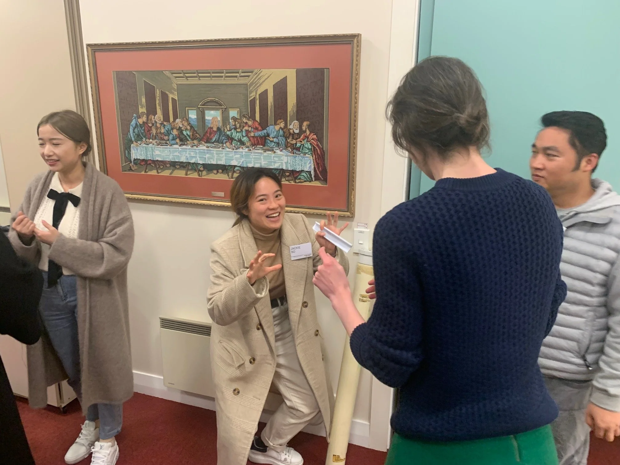 An animated discussion at the break