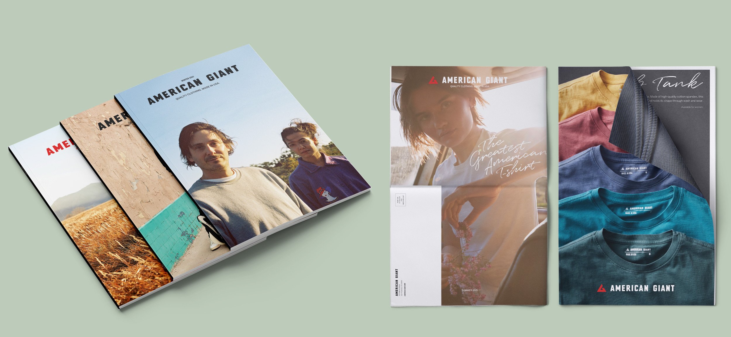 Above and below are catalogs and mailers for the 2021 year. The American Giant catalog straddles the line between lookbook, catalog, and magazine, highlighting persons of note in the US between the pages of product. For smaller seasons such as summ