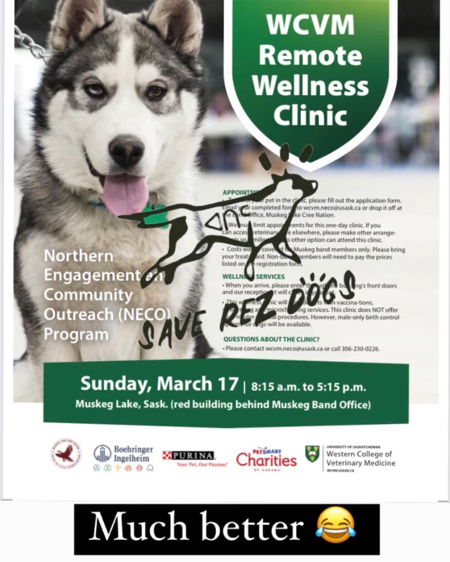 There&rsquo;s a vet wellness clinic for my Rez tomorrow (Muskeg Lake) and I am happy community members can bring in their pets at no charge to them. 🤎 
Progress feels good, even if my logo isn&rsquo;t on the poster. After 5 years of advocating, my R