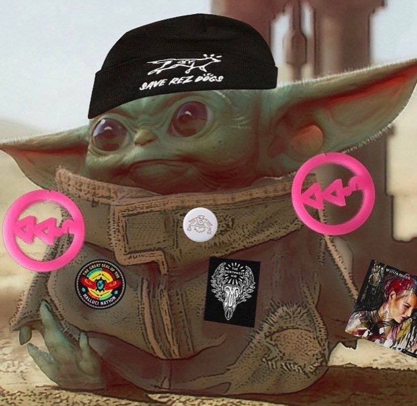 Looks like Baby Yoda got their cows and plows! 😛

featuring the best swag from: @mad_aunty_ 
@epingishmook_nenookaasi 
@thehallucination 
@thenorthwestkid 
&amp; us! @saverezdogs *We have toques in stock!

 🎨 by @mad_aunty_ 

#saverezdogs #may4th #