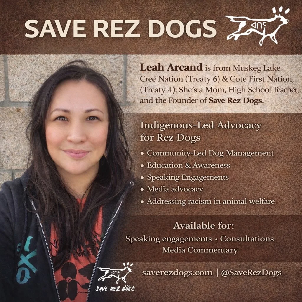 miyo-k&icirc;sik&acirc;w.☀️ tansi, niya Leah Arcand, founder of Save Rez Dogs. 🤎🐾
With recent media bringing new eyes to this work, I wanted to reintroduce Save Rez Dogs and the purpose behind it.

&bull; What is Save Rez Dogs?
An Indigenous-led ad