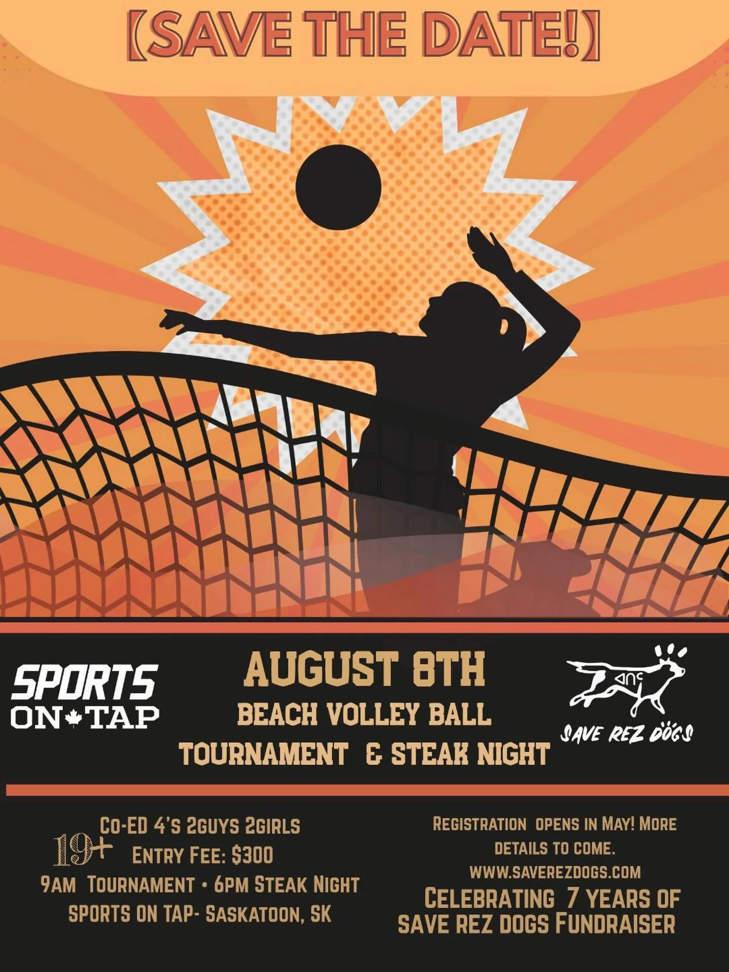 Save Rez Dogs is turning 7 this summer!! 🐾 Join us for our annual event - this year it&rsquo;s a beach volleyball tourney &amp; steaknight! 🏐⚡️
Combining all my favs: volleyball, rez dogs, community, sports, &amp; steaks! Save the date - AUGUST 8th