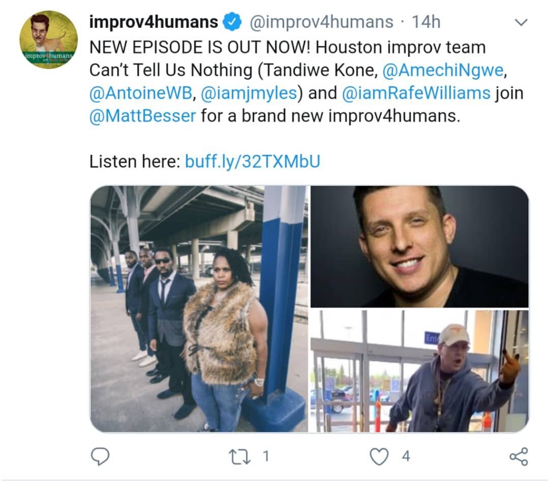 Check out the new improv4humans podcast we're featured in! Link in bio. 

#liveshow #live #liverecording #onthespot #freestyle #longform #offthedome #ctun #canttellusnothing #improv #improvcomedy #houstonimprov #houstoncomedy #comedy #podcast #housto