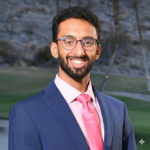 DJ Noor. A professional man with glasses, a beard, wearing a blue suit, pink shirt, and pink tie, smiling outdoors with a park and rocky background.