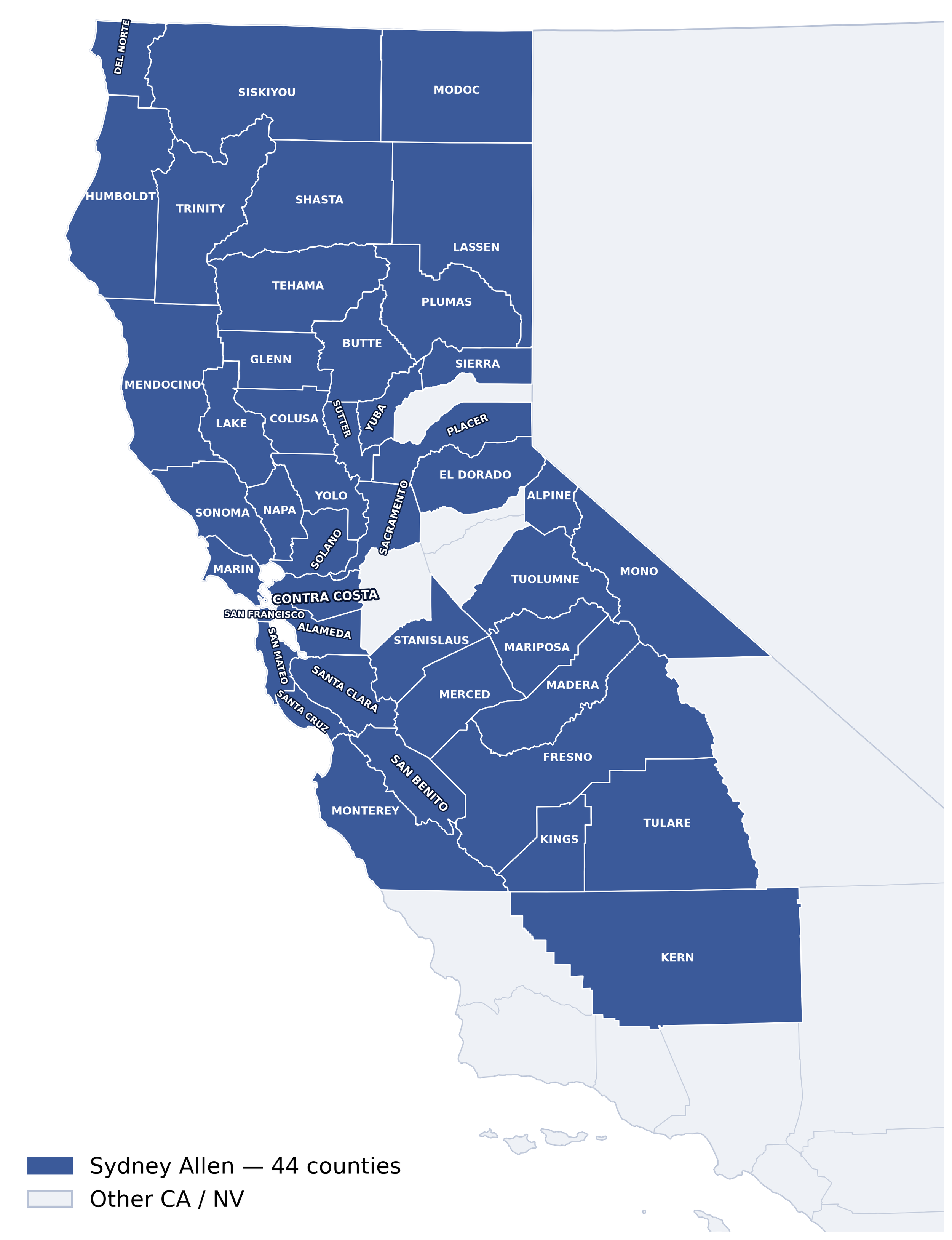 Sydney Allen territory map, Northern California counties