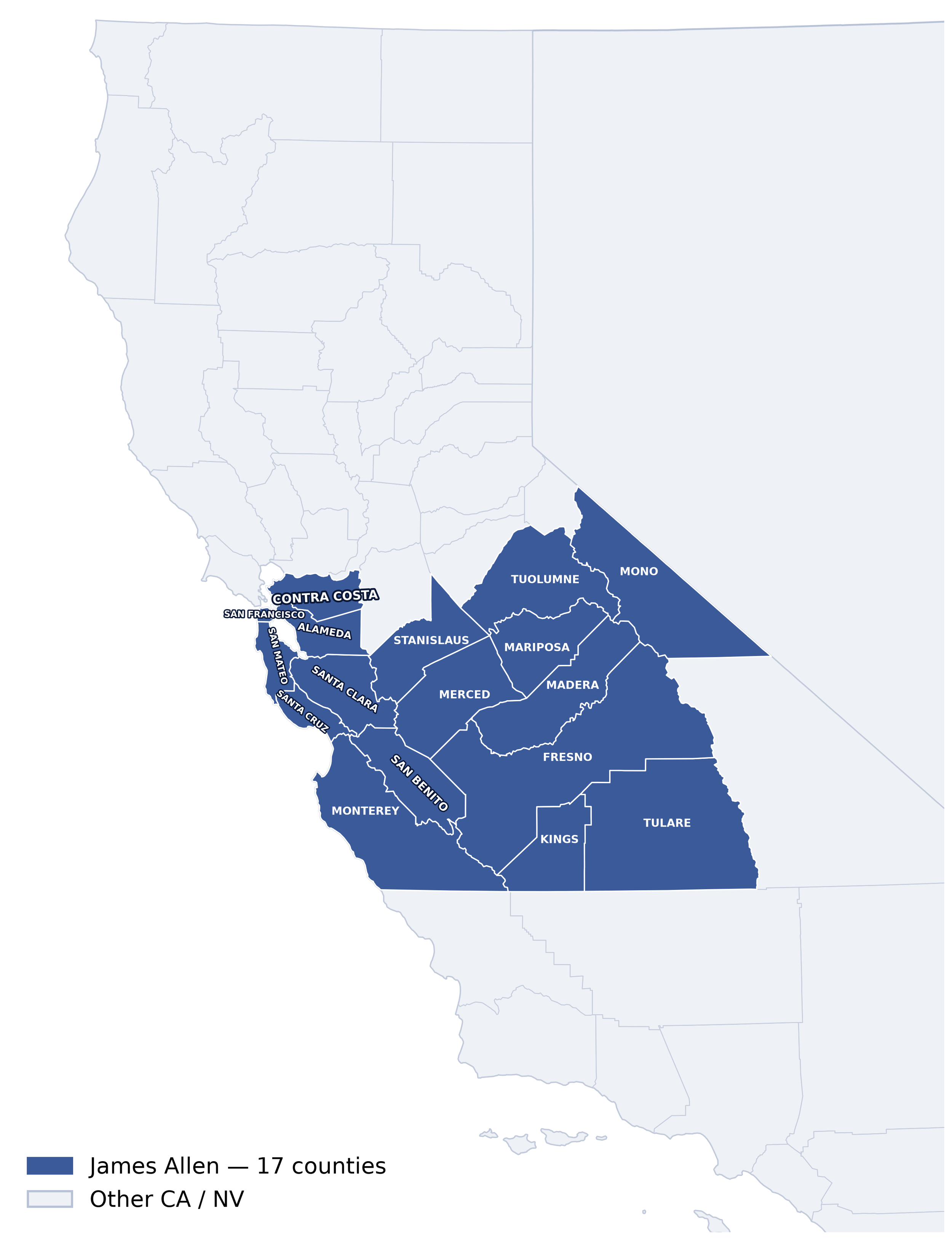 James Allen territory map, Northern California counties