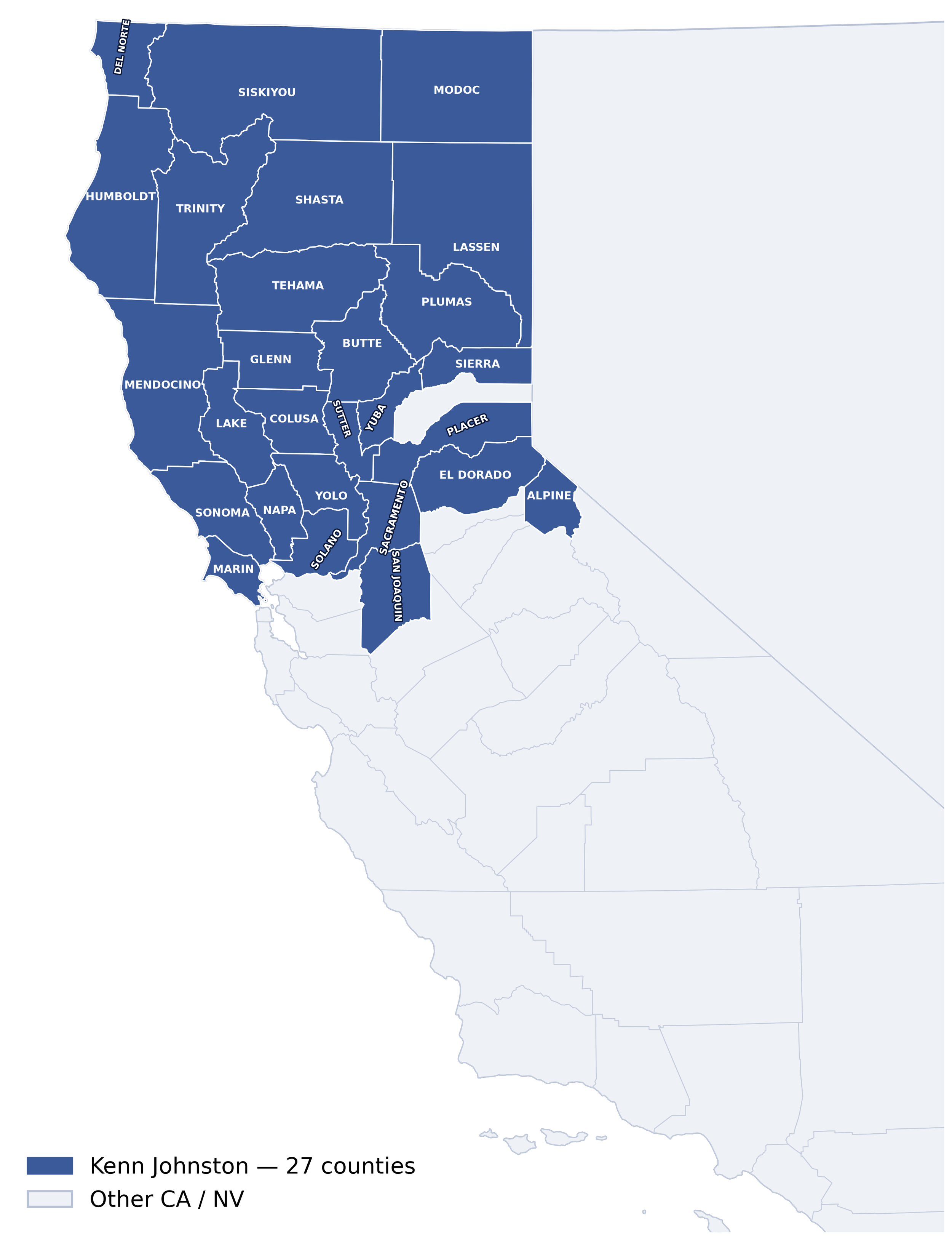 Kenn Johnston territory map, Northern California counties